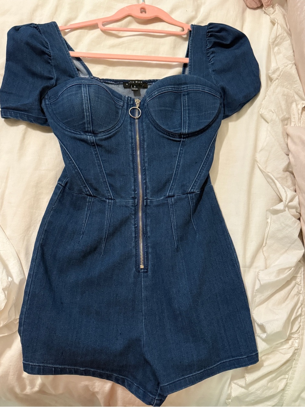 Denim Sweetheart Romper Dress with Puff Sleeves